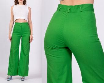 70s Green High Waisted Pants Small to Medium | Vintage Boho Wide Straight Leg Retro Trousers