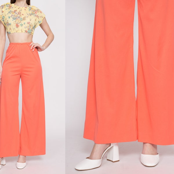 70s Salmon Palazzo Pants Medium | Vintage High Waisted Retro Flared Elastic Disco Loungewear Bell Bottom Trousers