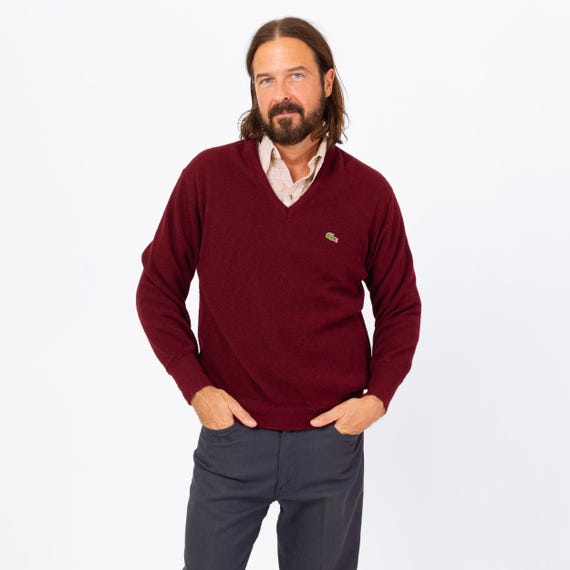Vintage 80s Izod Lacoste Wine Red V Neck Sweater - Large | Preppy 
