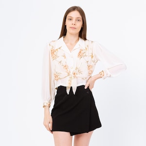 Vintage 90s Ivory Floral Tie Front Vest Crop Top - Small | Long Sleeve Button Up Collared Soft Grunge Blouse
