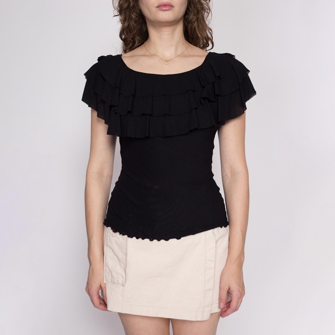 Medium 90s Black Ruffle Collar Mesh Blouse | Vintage Gothic Short ...