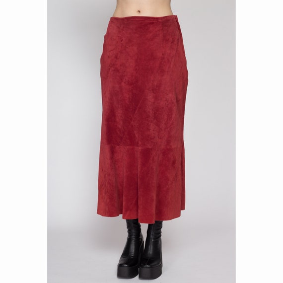 Medium 90s Boho Raspberry Red Suede Midi Skirt | … - image 2