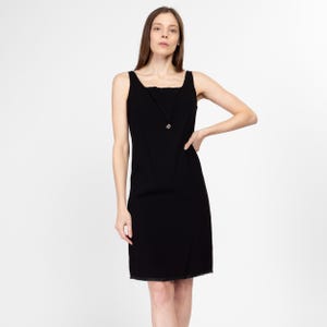 Small 60s Black Deco Jeweled Cocktail Dress | Vintage Sleeveless Shift Mini Party Dress
