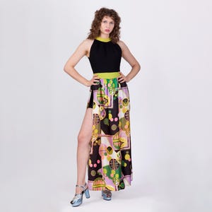 Vintage 60s Boho Psychedelic Peekaboo Romper Dress - Extra Small  | Vintage Abstract Maxi High Slit Black & Green Outfit