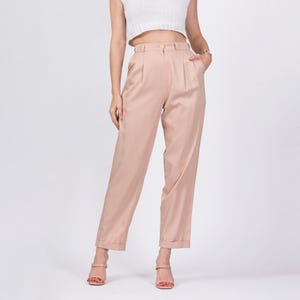 Small 80s Tan High Waist Trousers 25.75&quot; | Vintage Pleated Tapered Leg Cuffed Mom Pants