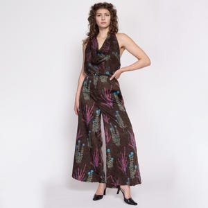 70s Floral Halter Palazzo Jumpsuit - Large | Boho Vintage Earth Tone Cowl Neck Sleeveless Disco Pantsuit