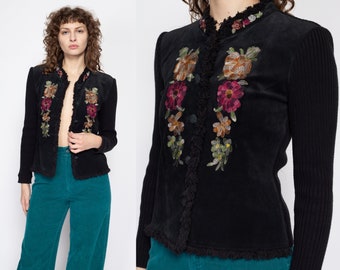 Small Y2K Does 70s Black Floral Penny Lane Sweater | Vintage Suede & Knit Long Sleeve Button Up Nehru Collared Top