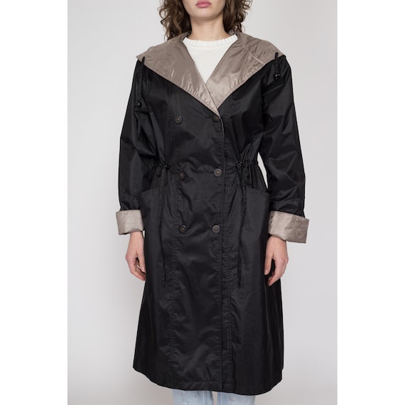 Small 90s Shiny Black Hooded Raincoat Vintage British Mist Two Tone Fitted Waist Button up Long Trench Coat Etsy UK