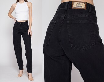 Small 90s Black High Waisted Mom Jeans 26.5" | Vintage Denim Tapered Leg Long Inseam Jeans