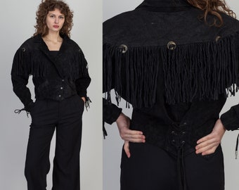 Vintage 80s Black Suede Fringe Crop Jacket Medium | G-III Western Leather Cropped Motorcycle Biker Coat