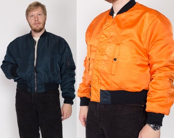 2X 90s MA-1 Reversible Bomber Flight Jacket | Vintage Navy Blue Satin Orange Lined Puffy Cropped Coat