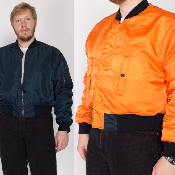 2X 90s MA-1 Reversible Bomber Flight Jacket | Vintage Navy Blue Satin Orange Lined Puffy Cropped Coat