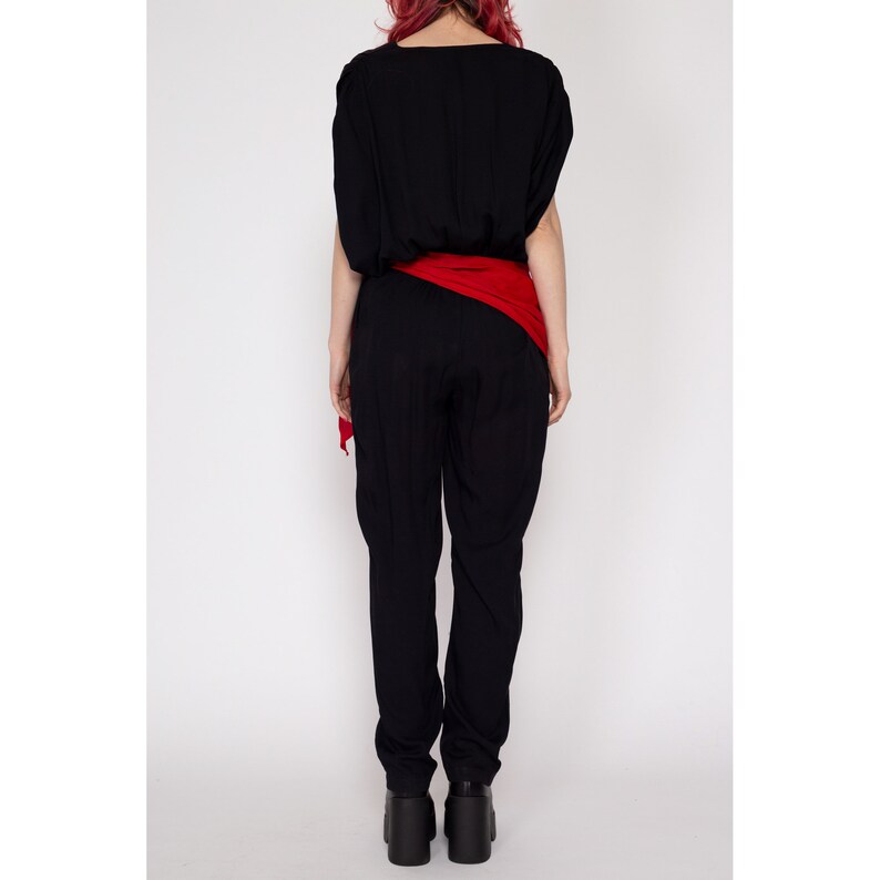 Small 80s Black Red Sash Jumpsuit Vintage Slouchy V Neck Blouson Pantsuit image 5
