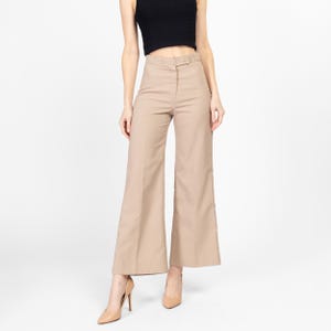 Small 70s Khaki High Waisted Flared Western Pants 26&quot; | Retro Vintage Polyester Flares Disco Trousers