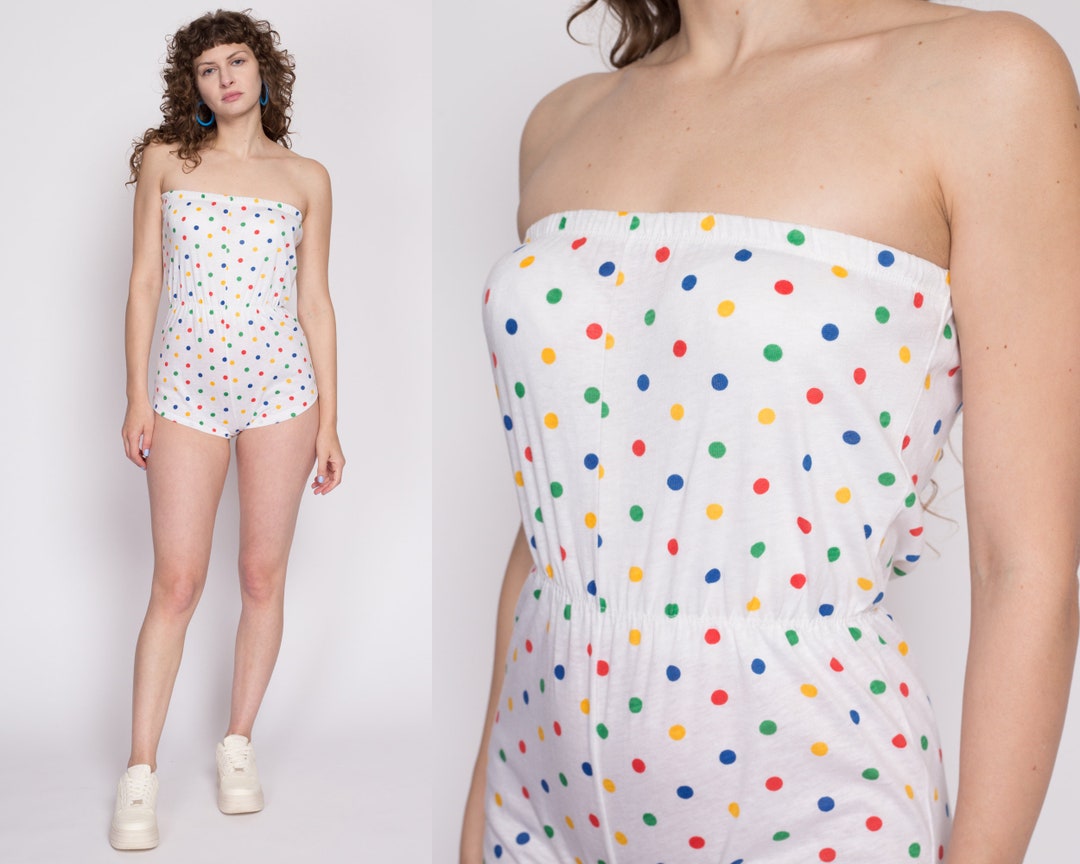 Petite Small 70s White Polka Dot Strapless Romper | Vintage Girly One ...