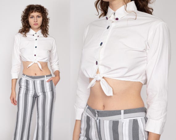 Petite Small 90s White Tie Front Crop Top | Vintage Collared