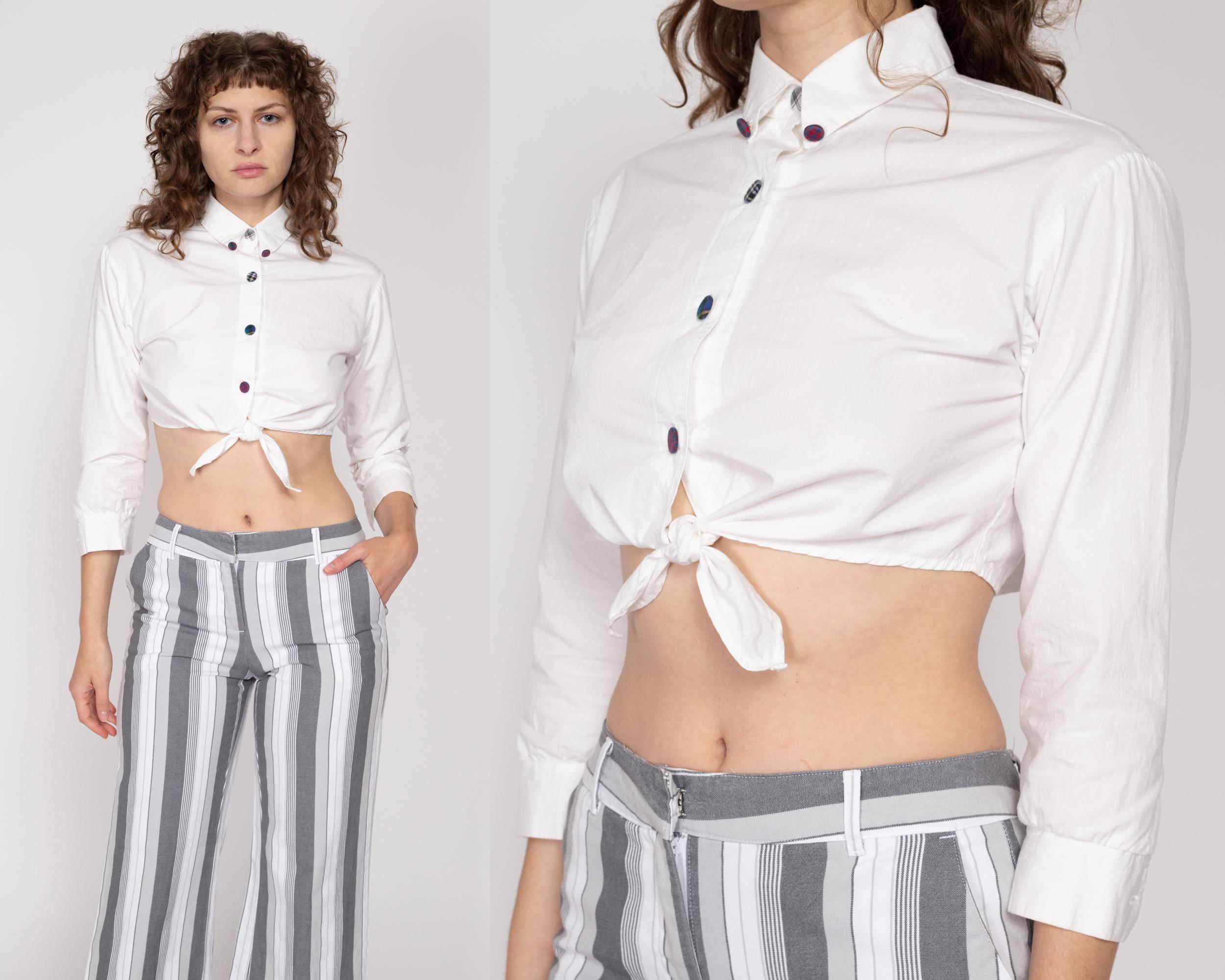 Petite Small 90s White Tie Front Crop Top | Vintage Collared