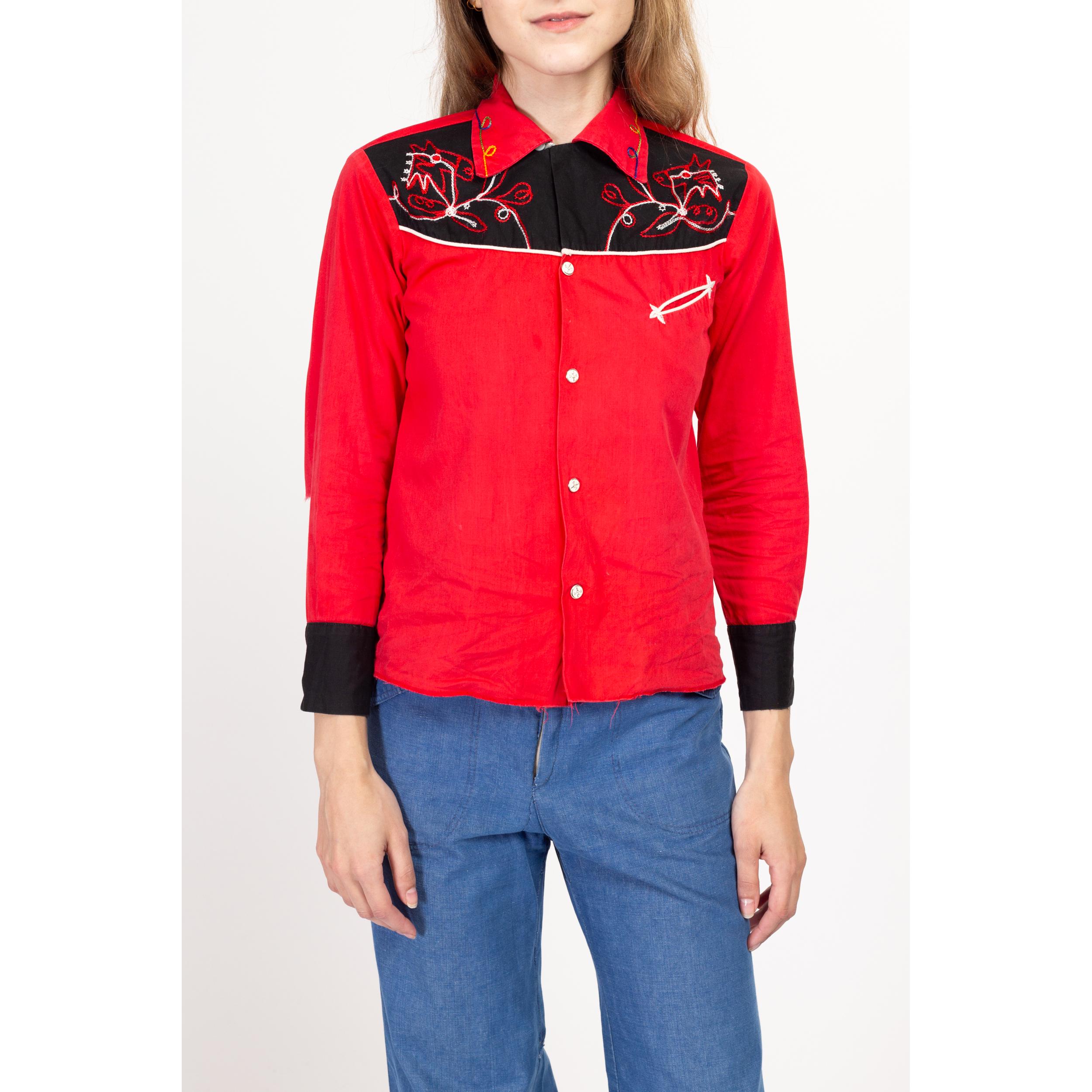 XXS 1950s J Bar T Red Embroidered Western Shirt | Vintage 50s Kids 
