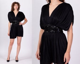 Small 80s Black Draped Sequin Romper / Vintage Glam Fitted Waist Outfit