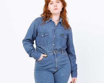 Vintage 70s Maverick Denim Pearl Snap Western Shirt - Men's Medium, Women's Large | Distressed Cowboy Blue Jean Workwear Top