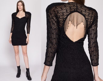 XS 80s Black Lace Fringe Keyhole Party Dress | Vintage Zum Zum Sexy Fitted 3/4 Sleeve Open Back Mini Dress