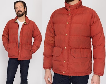 Medium 70s Rust Red Down Fill Puffer Winter Coat | Vintage Men's Zip Up Warm Puffy Ski Jacket