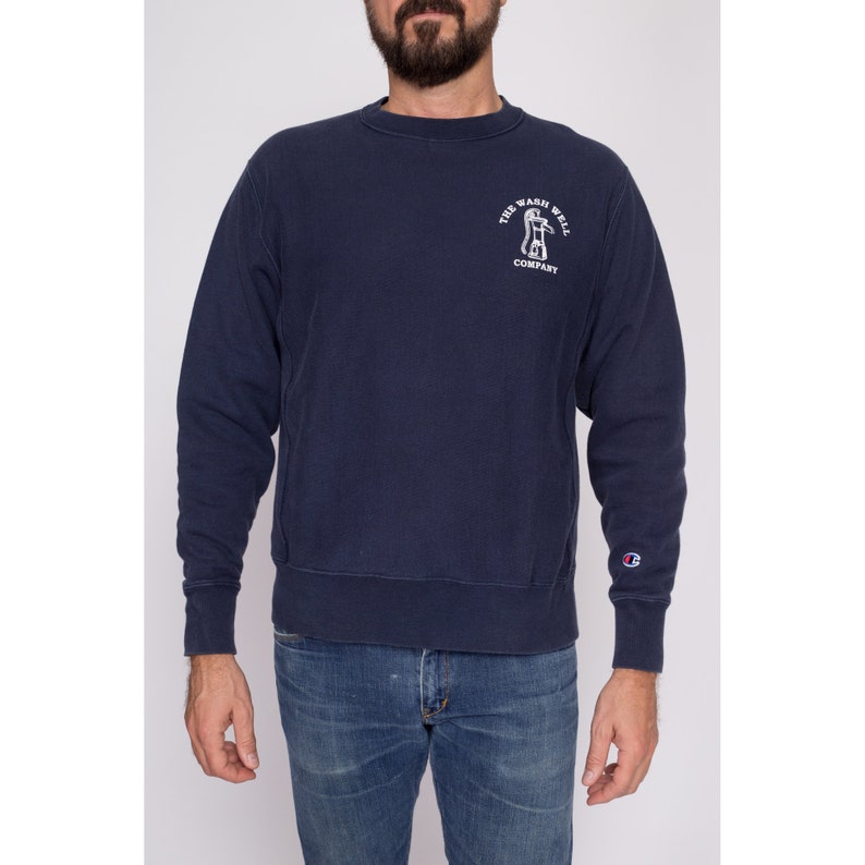 Medium Champion Reverse Weave The Wash Well Company Sweatshirt Y2K Navy Blue Funny Graphic Crewneck image 3