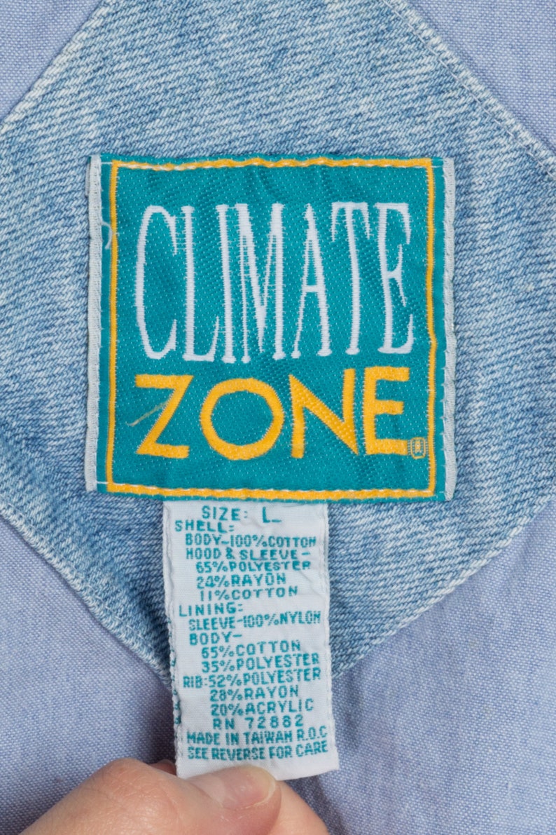 80s Hooded Denim Patch Varsity Jacket Large Vintage Climate Zone Oversized Zip Up Coat image 7