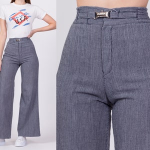 70s Pinstriped High Waisted Buckle Pants Extra Small | Vintage Blue White Striped Wide Flared Leg Retro Woven Trousers