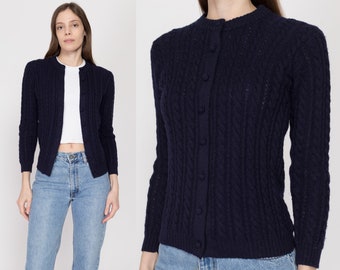 XS 70s Navy Blue Cable Knit Cardigan | Vintage Button Up Fitted Ski Sweater