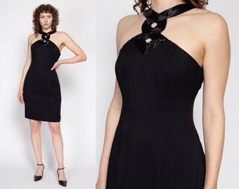 Med-Lrg 90s Black Beaded Neckline Mini Dress | Vintage Keyhole Neck Sleeveless Party Dress