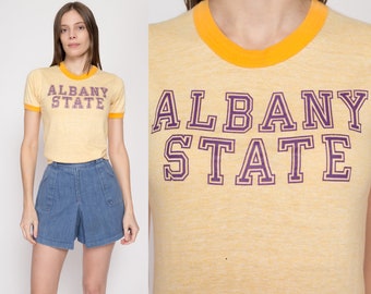 Small 80s Albany State Ringer T Shirt | Vintage Yellow Graphic University College Tee