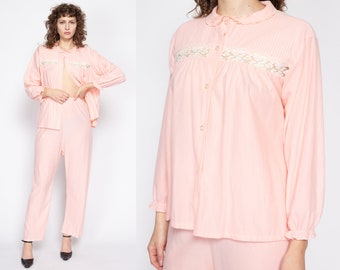 Medium 70s Pink Felt Pajama Set | Vintage Two Piece Peter Pan Collar Loungewear Outfit