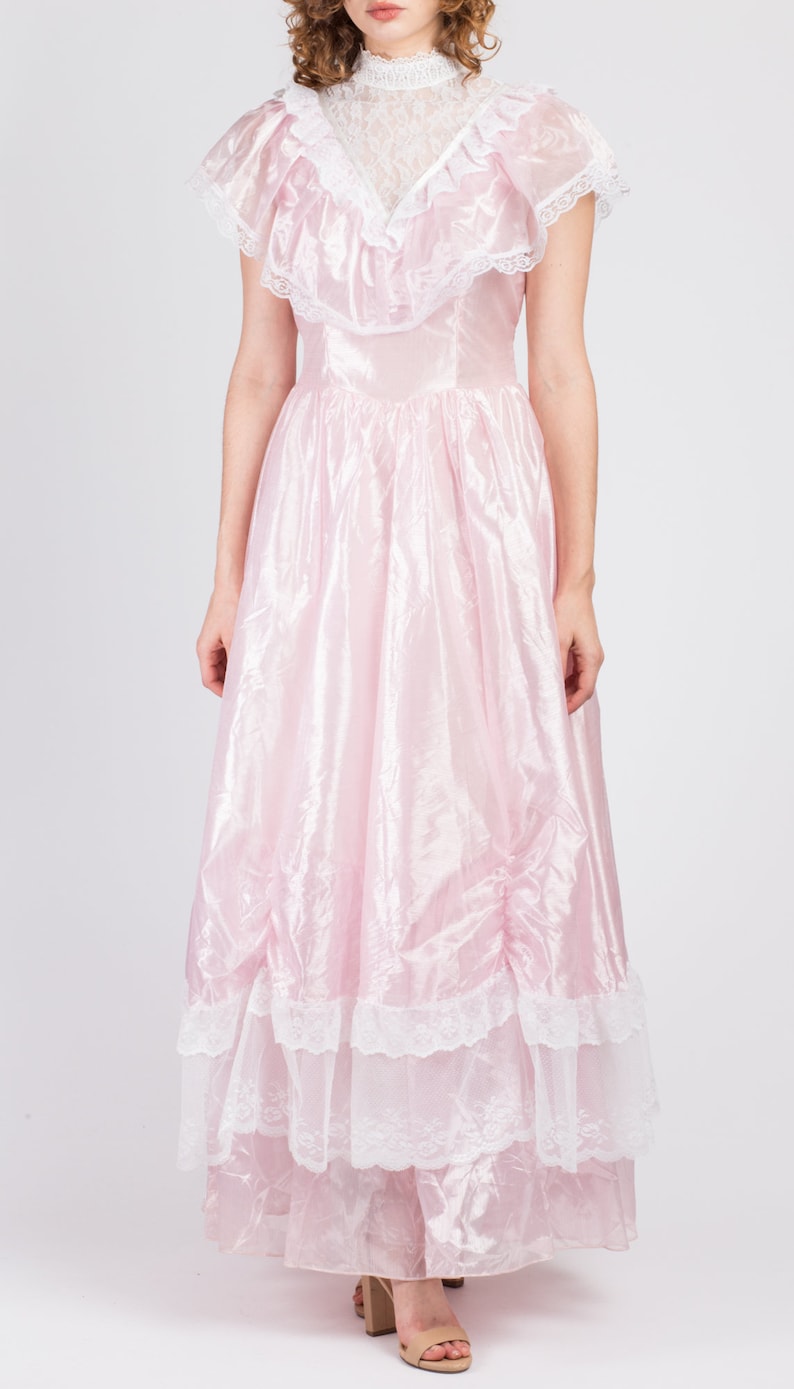 70s Precious Moments Pink Lace Princess Gown Medium Vintage Tiered Ruffle Formal Victorian Maxi Floor Length Dress