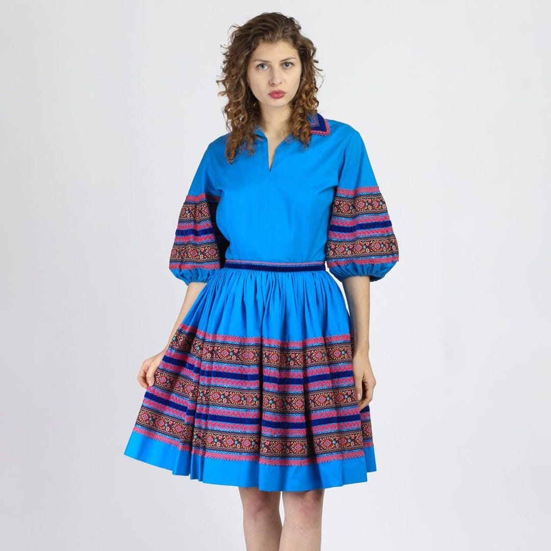 Rockabilly Ric Rac Medium 1960s Blue Striped Western Skirt Set Vintage Ric Rac Metallic ...