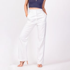 XS 70s White High Waisted Trousers 23.75&quot; | Vintage Straight Leg Minimalist Pants