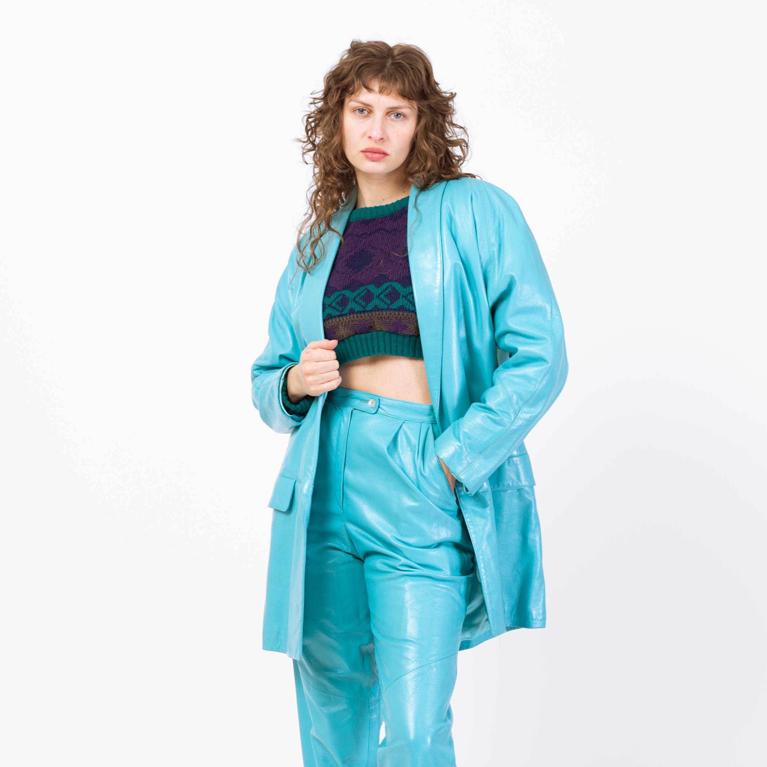 Vintage 80s Turquoise Blue Leather Suit Set - Small to Medium