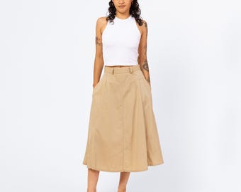 Vintage 90s Khaki Yoked Waist Safari Midi Skirt - Small to Medium, 27&quot;-28&quot; Waist | A-Line Tan High Waisted Western Skirt With Pockets