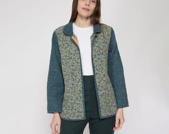 Sm-Med 70s Boho Reversible Rag Quilt Patchwork Jacket | Vintage Green Leaf Print Lightweight Quilted Coat