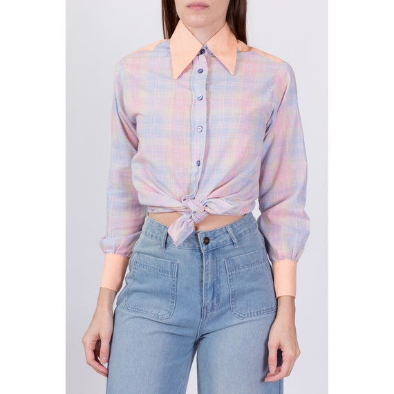 70s Pastel Plaid Western Shirt Small | Vintage Bu… - image 2