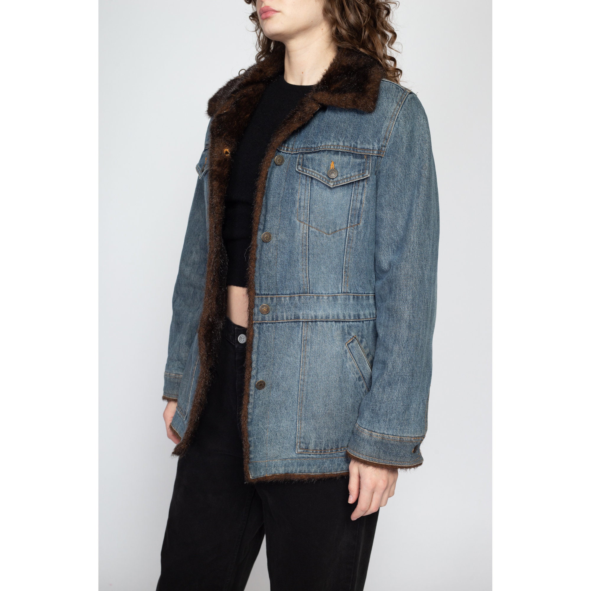 90s Denim Faux Fur Lined Jacket - Medium | Vintage Marvin Richards