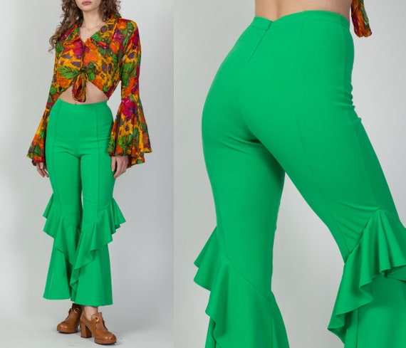 Women 70s Costume Bell Bottom Boho Flared Pants Hippie Outfit Mid Waist  Trousers