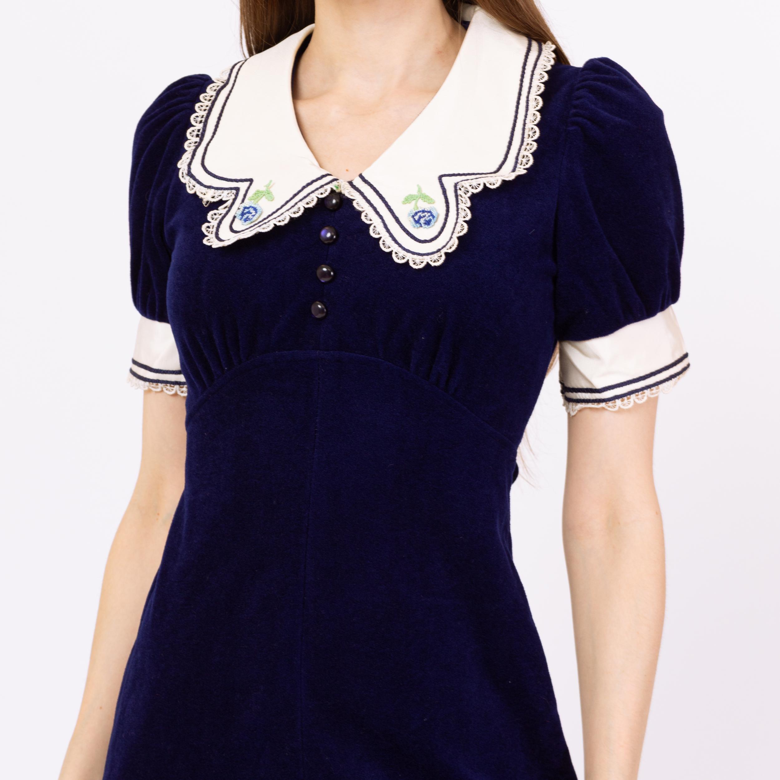 Vintage 70s Navy Blue Velour Sailor Collar Maxi Dress - Extra