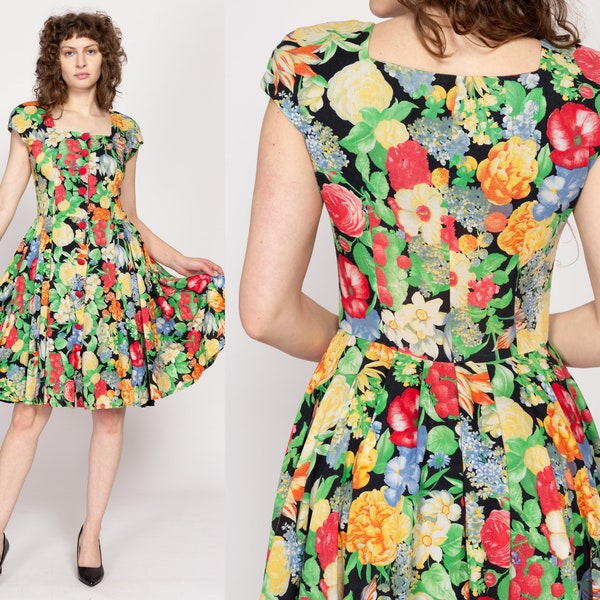 Medium 80s Fruit Print Floral Fit & Flare Dress | Vintage Boho Button Up Short Sleeve Midi Sundress