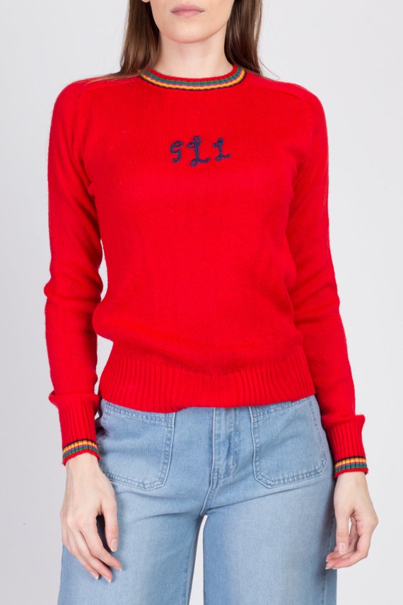 70s Red Rainbow Trim Sweater Small 