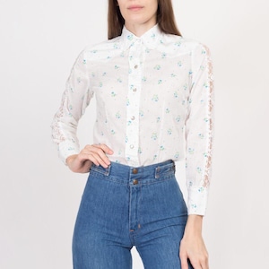 XS 70s H Bar C Ranchwear White Floral Western Shirt | Vintage Lace Trim Long Sleeve Boho Rockabilly Top