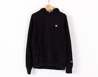 Champion Reverse Weave Faded Black Hoodie Men's Medium, Women's Large | Y2K Bleached Hooded Pullover