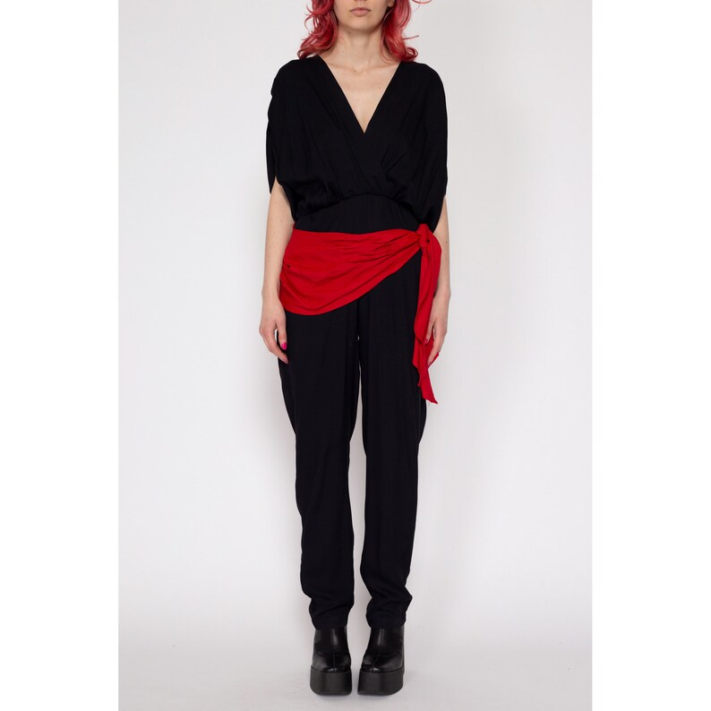 Small 80s Black Red Sash Jumpsuit Vintage Slouchy V Neck Blouson Pantsuit image 2