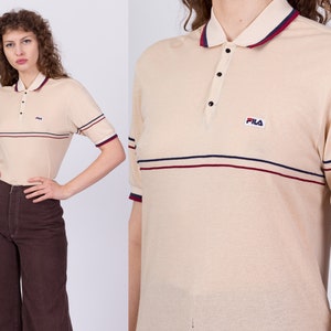 Small Vintage 80s Fila Polo Shirt Unisex | Retro Tan Collared Striped Henley Top