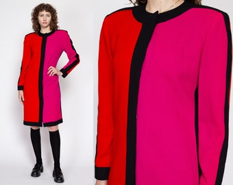 Robe en laine color block rose fuchsia et orange taille moyenne des années 80 | Robe pull mi-longue boutonnée à manches longues vintage